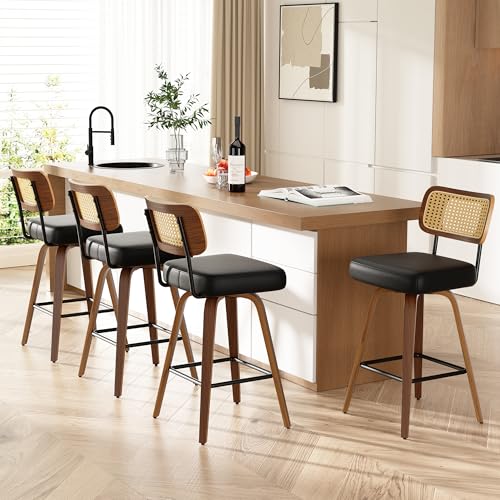 Image of Swivel Bar Stools Set of 4, 26 inch Upholstered Faux Leather Counter Height Barstools with Rattan Back & Bentwood Legs, Mid Century Modern Bar Chairs Island Stools for Kitchen Counter, Black