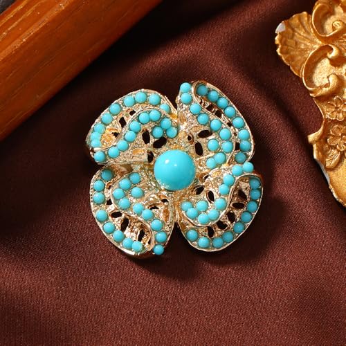 Image of Baroque Turquoise Bead Brooch Pin for Women Men Gold Tone Fashion Blue Birthstone Geometric Filigree Brooches Lapel Pins Dainty Dress Accessories Birthday Anniversary Jewelry Gift