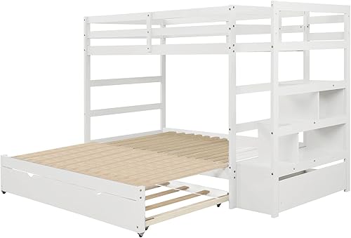 Miniatura 4 de Litera extensible de tamaño individual sobre individual a King con cama nido de tamaño individual moderna base de cama de escalera de madera maciza