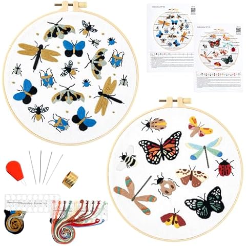 Armindou Hand Embroidery Starter Kits for Beginners Adults, Stamped Cross Stitch Kits for Beginners Adults, Embroidery Needlepoint Kit with Insect Pattern, 2 Embroidery Hoops (Attached Video Tutorial) Cover