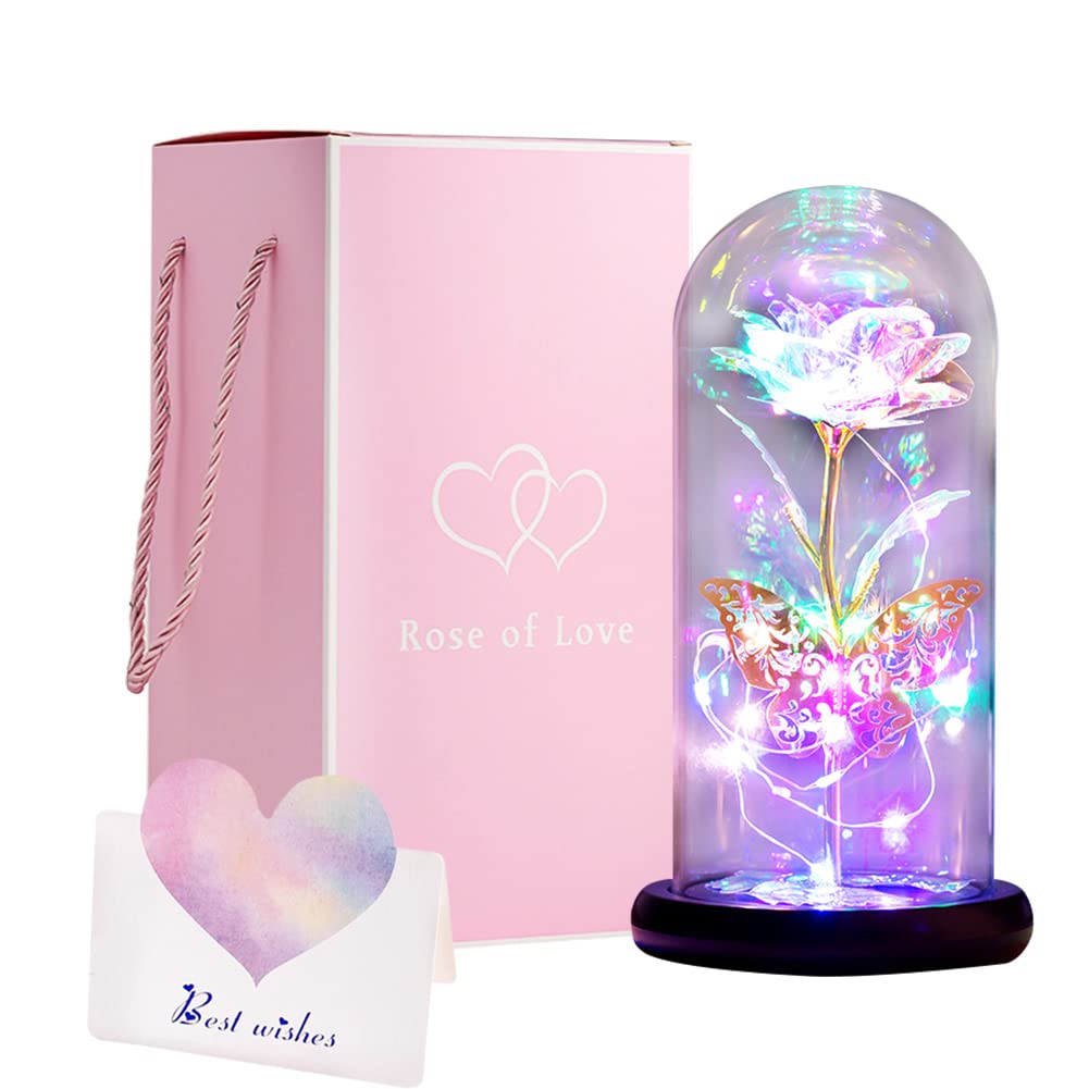 WODMAZMothers Day Rose Flower Gifts for Her, Colorful Artificial Flower Galaxy Rose Gift for Mom, Light Up Gold Rose Butterfly in Glass Dome, Unique Love Forever Rose from Daughter