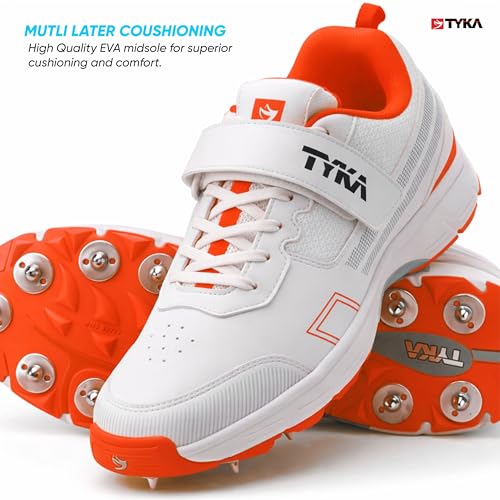 Image of TYKA Cricket Shoes Spikes for Junior | Synthetic PU Upper | Genuine Rubber and Phylon Sole | Lace Closure | Field Sports Shoes | Grip Support | Practice & Match Play