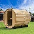 WOODBRIDGE 4-Person Luxury Finland Thermo Pine Outdoor Barrel Sauna with Half View Window, Harvia Electric Heater with Sauna Stone, Sauna Accessories Kit and Asphalt Shingle Roof, 4'x6', OBS1818