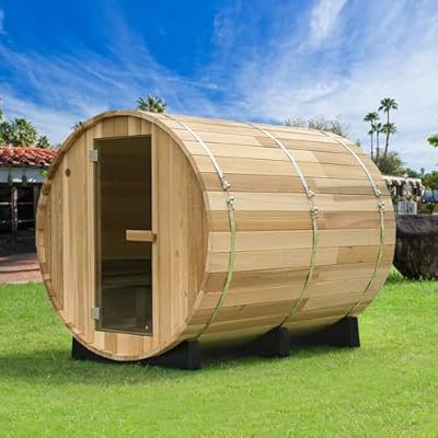 WOODBRIDGE 4-Person Luxury Finland Thermo Pine Outdoor Barrel Sauna with Half View Window, Harvia Electric Heater with Sauna Stone, Sauna Accessories Kit and Asphalt Shingle Roof, 4'x6', OBS1818