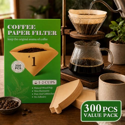 Image of BYKITCHEN 300 Count Small Cone Coffee Filters Size 1, Unbleached, 1-2 Cup