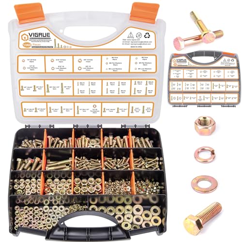 Image of VIGRUE 1060PCS SAE & Metric Bolts Nuts Assortment Kit 1 /4-20 5 /16-18 3 /8-16 and M6 M5 M4 Heavy Duty Assorted Hex Bolts Washers Nuts Fasteners Set with Portable Box, 25 Different Sizes