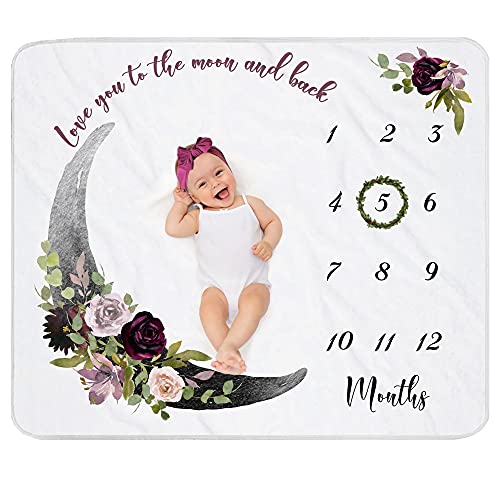 Image of Yoothy Moon Baby Monthly Milestone Blanket for Girl, Gift for Baby Shower, Photo Blanket for Newborn Picture, Wreath & Headband Included, Soft Flannel Blanket 45''x40''