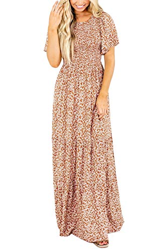 Image of Kranda Women 2025 Summer Fall Crewneck Short Sleeve Smocked Floral Maxi Dress
