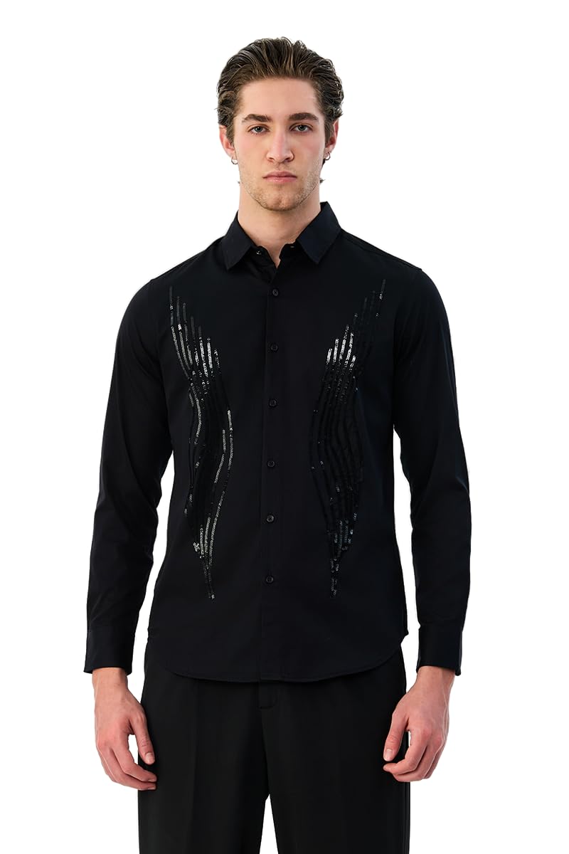 Luxe Men Shirt | Slim Fit Full Sleeve Point Collar with Sequin Embellishment | Premium 100% Cotton Breathable Fabric for Festive & Evening Events-image-44