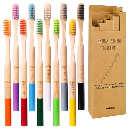 Bamboo Toothbrushes Hard Bristles for Adults 10 Pack, Wooden Toothbrush Family Set Natural Organic Tooth Brush (Multi-Color 10p)