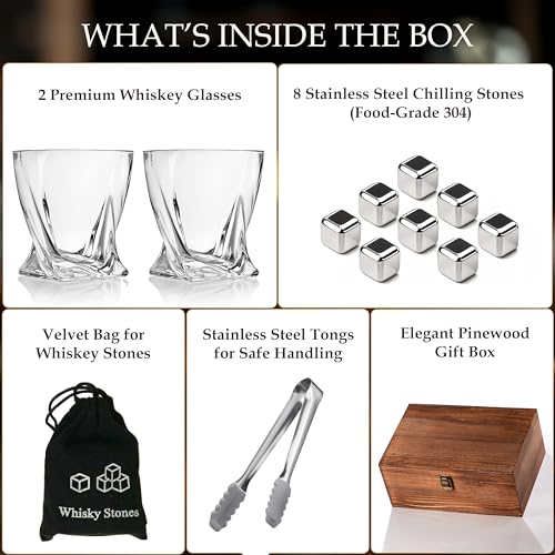 Custom Name & Date Bride Groom Wedding Whiskey Gift Set of 2 Glasses, Tongs, & Stainless Steel Whiskey Stones – Personalized Premium Wood Box Gift for Newlyweds - Image 4