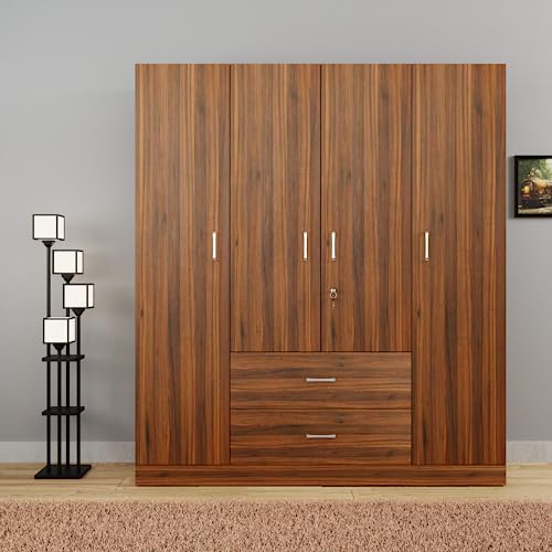 Image of VIKI Wardrobe | Wooden Almirah for Clothes,Door for Bedroom, 4 Door Wardrobe with Drawer & Hanging Space (Brussel Walnut - 40D x 160W x 180H) | 1 Year Warranty | Free Assembly
