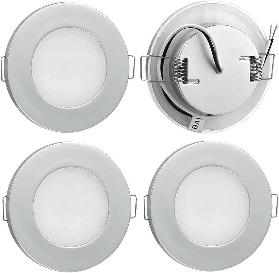 12 Volt Recessed LED Ceiling Lights, Mount Downlight 3 Inches 3000K Spot Light PC Material, DC 12V Overhead Interior Light for Camper Van Caravan Boat Kitchen Bathroom, 4 Pack (Silver, Warm White)