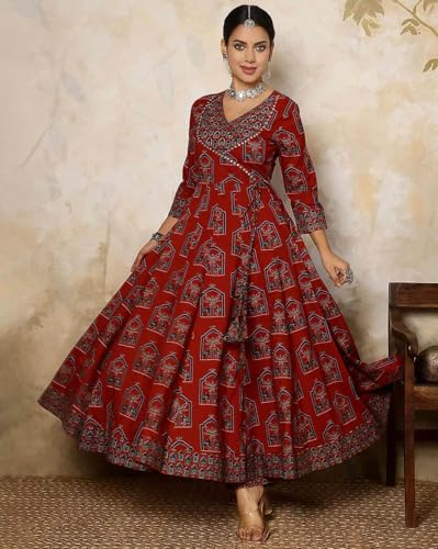 Image of PARTHVI|Women's Red Cotton Printed Flared Kurta with Cotton Pant and Printed Dupatta Sets