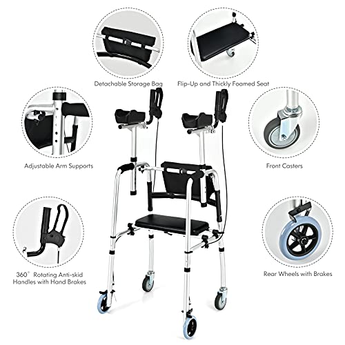 Goplus Upright Walker, Heavy Duty Stand Up Folding Rollator Walker With Seat And Wheels, Padded Armrests Standard Walker, Height Adjustable Rolling Mobility Walking Aid For Seniors And Adults #TOP7