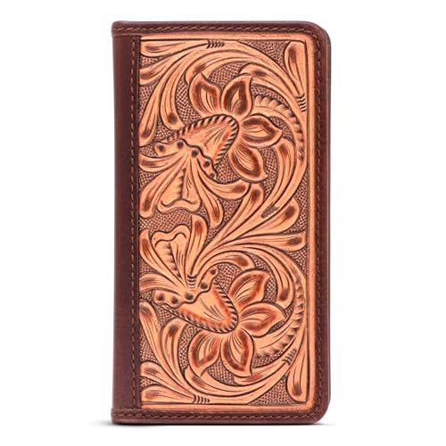 Image of Full-Grain Buffalo Leather Floral Tooled Long Bifold Wallet - Sleek RFID-Blocking Vertical Wallet - Men's Bifold Wallets w / 8 Slots, 2 Long Side Pockets, and Sleeve for Birthday, Christmas, and More