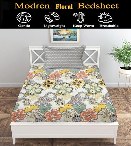 Image of IVAZA Ezyption Cotton Soft and Warm Mix N Match Bedsheet Set for Single Size Bed Soft Durable bedsheet with1 Pillow Cover Yellow White