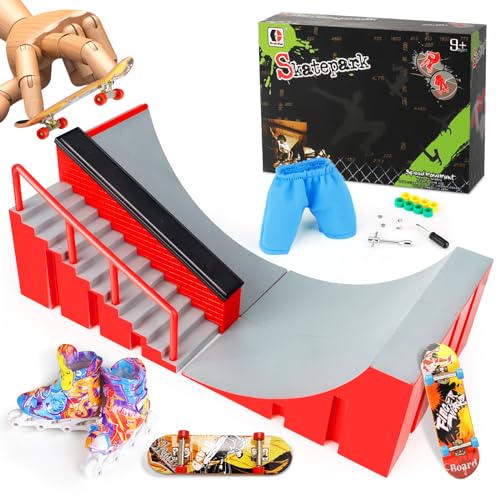 Hamino Fingerboard Skate Park Ramp Kit, Finger Skateboards Toys Set with 1 Skateboard + 1 Skates + 1 Sports Shorts & Tool Kit, Finger Skateboard Ramp Set Party Favors for Kids & Adults Fun(A)