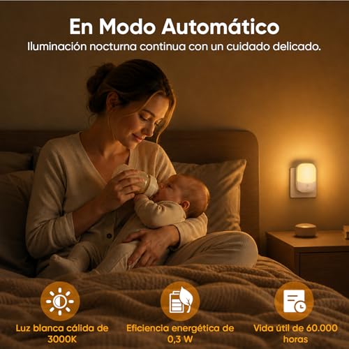 2 Piezas Luz Nocturnas infantil con Enchufe, Sensor de Luz Inteligente Crepuscular, 5 Brillos Regulables, 3 Modos, Blanca Cálida Noche para Habitación Bebé, Escalera, Cocina, 0,3W Sin Control Remoto - Imagen 7