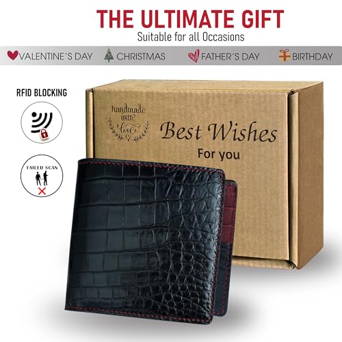 Image of HATA Black Red Bifold Wallet for Men, Exotic Billfold with Mixed Leather Interior, RFID Blocking Card Holder, Handmade Gift for Birthday, Anniversary, Father's Day VIMIX-12