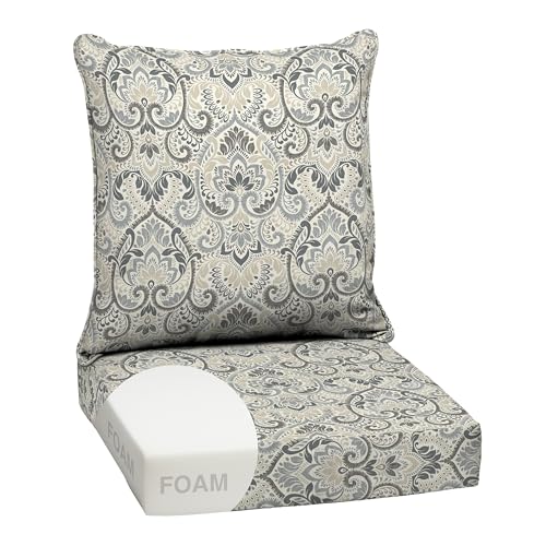 Image of Arden Outdoor Foam Deep Seat Cushion Set, 24 in x 24 in, Weather-Proof, Rain-Proof, Fade Resistant Patio Cushion, Bottom and Back Cushion for Chair, Sofa, and Couch Neutral Aurora Damask