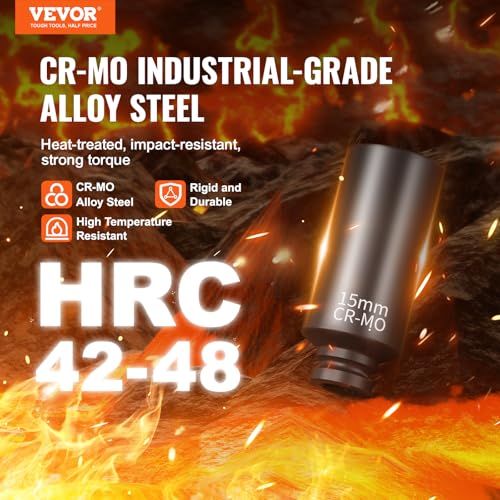 Image of VEVOR 1 /4 inch Drive Impact Socket Set, 14 Piece Deep Socket Set Metric 4-15mm, 6 Point Cr-Mo Alloy Steel for Auto Repair, Easy-to-Read Size Markings, Rugged Construction, Socket Organizer