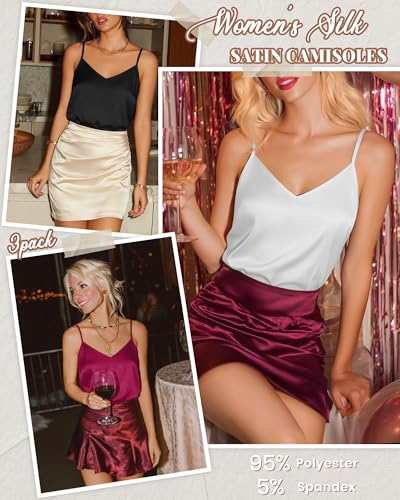 Image of 3 Pack Women's Silk Satin Camisoles V Neck Tank Tops | 95% Polyester, 5% Spandex, Adjustable Spaghetti Strap, Loose Blouse, Daily Wear, Sleeveless, Classic V Neck