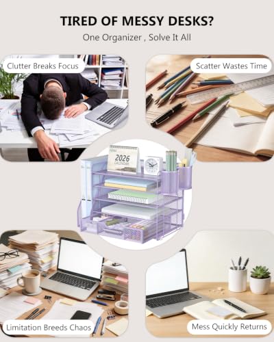 Image of WALI Desk File Organizer, 5 Tier Desktop Paper Letter Tray Organizer with Drawer and 2 Pen Holders, Office Desk Accessories & Workspace Organizers for Office, Home Supplies(DO006DH-V), 1 Pack, Purple