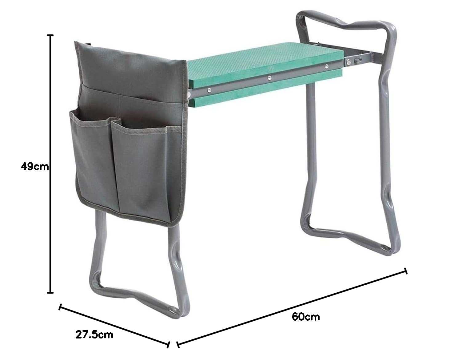 Avilia Klappbarer Gartenstuhl – Hocker mit Werkzeugtasche, 2 Positionen, zusammenklappbar, aus Eisen und Oxford-Gewebe, 60 x 49 x 27,5 cm, Grau und Grün