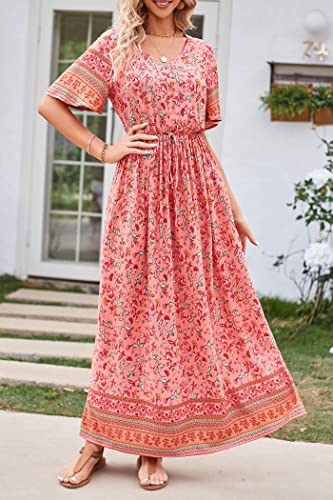 Image of PRETTYGARDEN Women's Casual Summer Boho Floral Print Dress V Neck Short Sleeve High Waist Long Maxi Beach Dresses