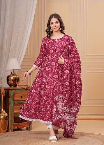 Image of MEERA FAB Women's Cotton Printed Anarkali Kurta with Palazzo & Dupatta Set