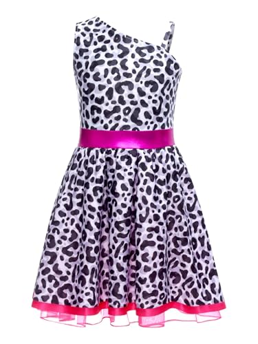 Kids Girls Cheetah Print One Shoulder Performance Dress A Line School Play Outfit