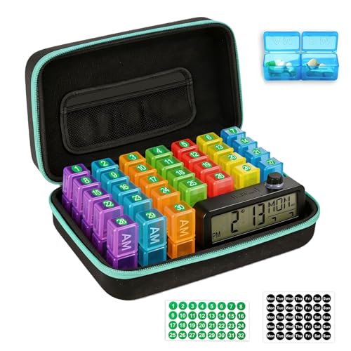 Image of Monthly Pill Organizer 2 /3 Times a Day, with Portable Hard Shell, Pill Cutter, 31-Day Box, Plastic Opening Pick, Monthly & Weekly Stickers, Medication Management (Green, 2 Times a Day with Clock)