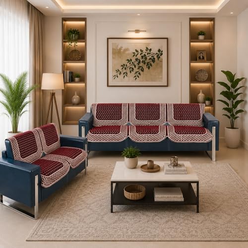 Image of Premium Chenille Woven Anti-Slip 3 Seater + 2 Seater Sofa Cover | L-Shape Sofa Seat Protector for Living Room | Durable & Stylish Slipcover - Maroon - 3D