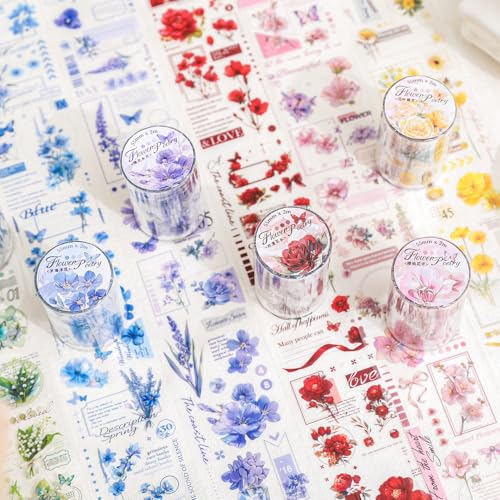 Alideco 6個 マスキングテープ かわいいロレトロフローラル・テキスト・コラージュ 透明な耐水性 インク PET 粘着 テープ 広幅 DIY おしゃれ マステ シール (huasechangson)