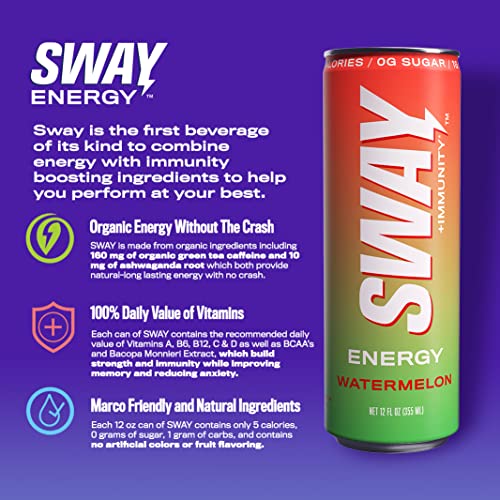 Sway Energy + Immunity Drink, Watermelon, 12 Fl Oz (12 Count), 160 Mgs Of Natural Energy, Daily Multi-Vitamin Enriched (A, B6, B12, C, D), Clean Ingredients, 0 Sugar, Low Calorie, Low Carbohydrates #TOP2