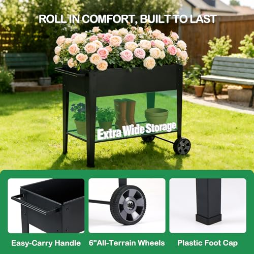 Image of 31.5 inch Tall Raised Garden Bed with Wheels, Extra 15.7 inch W Planter Box (400 lbs Loads) with Storage Shelf & Handle,Heavy Duty Metal Garden Planter for Vegetables, Herbs & Flowers, Patio & Balcony