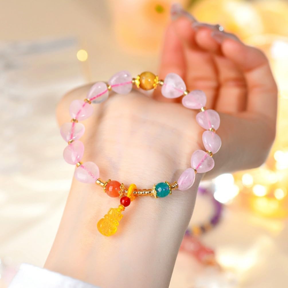 DorkTees (Z1546粉晶爱心手链) 天然水晶粉晶爱心 Fengshui Jade Bracelet Lucky Charm 手链琥珀钱袋原创时尚桃粉色爱情女国潮手串