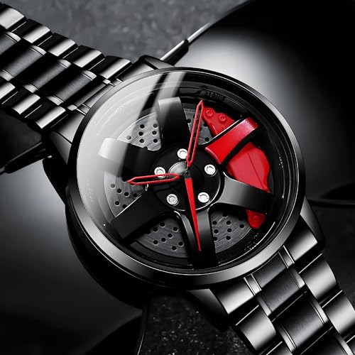 Image of Oculus Men's Racing Rim Design Rolling car Alloy Wheel, 360 Spinning Rotating gyro Dial, Black Stainless Steel Band, Quartz Movement, Red Accents Watch for Boys