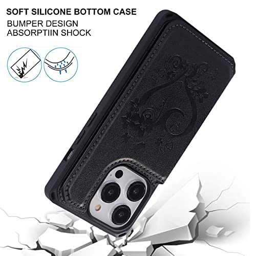 Image of Cavor for iPhone 14 Pro Case with Card Holder,for iPhone 14 Pro Wallet Case for Women Men,Phone Case for iPhone 14 pro with Stand Credit Card Holder, Leather Strap Shockproof Cover- Black