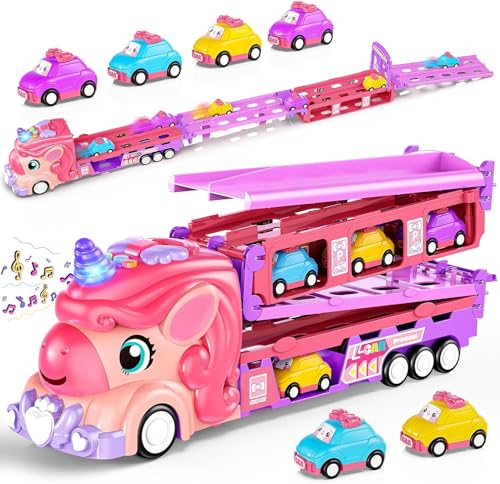 Image of PLUSPOINT Unicorn Truck Trailer with 6 Cars Friction Powered Foldable Race Track Truck Toys for Toddler Girls Toy Car Set, 2-Player Fold Out Trailer with Light & Sound Toys Birthday Gifts