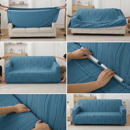 Image of HOKIPO 200 GSM Premium Knitting Jacquard Fully Covered Stretchable Sofa Cover for 3 Seater, 'Nestiva Series' Sea Blue (NEW2-AR-5309-BL)