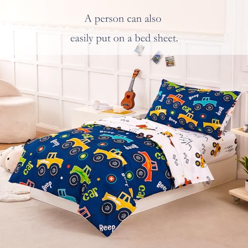 Image of PERFEMET Car Print Toddler Bedding Set 4 Pieces Blue Toddler Comforter Set for Boys Reversible Fluffy Cartoon Bed in A Bag, Includes Comforter, Flat Sheet, Fitted Sheet and Pillowcase
