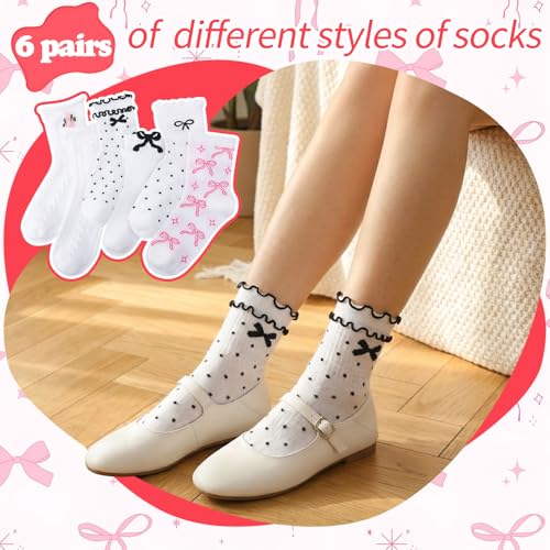 Image of Jspupifip 6 Pairs Lace Ruffle Frilly Crew Socks for Women Girls | Cotton Breathable Cute Princess Ankle Dress Lace Socks Thin Cool Casual Socks