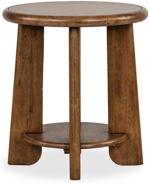 BOWERY HILL Round End Table, Tawny Brown Okume Veneer, Wood Top with Fixed Shelf, California Casual Style, Functional Design for Living Room or Coastal Rustic Décor