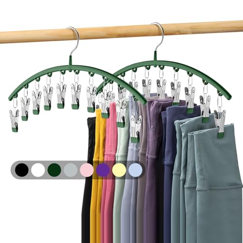 Image of Legging Organizer for Closet, Metal Yoga Pants Hangers 2 Pack w/10 Clips Holds 20 Leggings, Space Saving Hanging Closet Organizer w/Rubber Coated Closet Organizers and Storage, Green