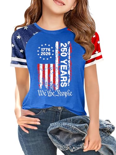 Image of CAZYCHILD Girls 4th of July USA Shirt American Flag Patriotic T-Shirt Independence Day Outfit for Kids 5-14Years