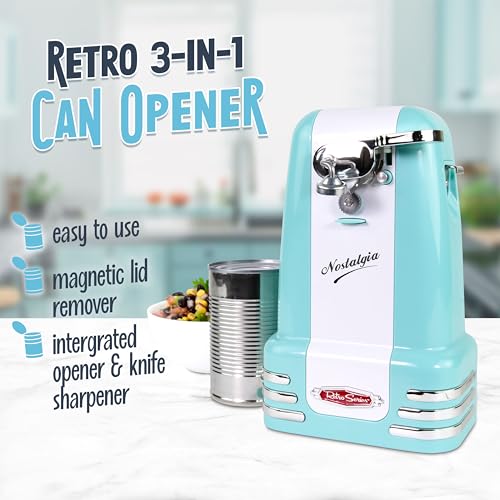 Nostalgia Retro Electric Can Opener for Kitchen with Magnetic Lid Remover, Knife Sharpener, and Soda or Beer Bottle Opener, Aqua - Image 4