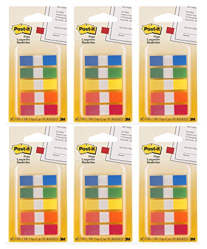 Post-it Flags with On-The-Go Dispenser, Assorted Primary Colors, 1/2-Inch Wide, 100/Dispenser, Pack of 6