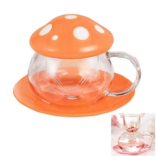 Cute Cups Mushroom Tea Cup with Infuser and Lid, Kawaii Glass Tea Cups and Saucers, 290ML Mushroom Tea Mugs with Spoon, Perfect Gifts for Girls and Women for Home and Office Use 9.8oz (Orange) - Orange